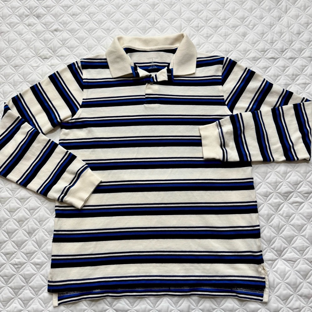 Lands' End Youth Cotton Striped Long Sleeve Polo Blue Black Ivory Size 14-16